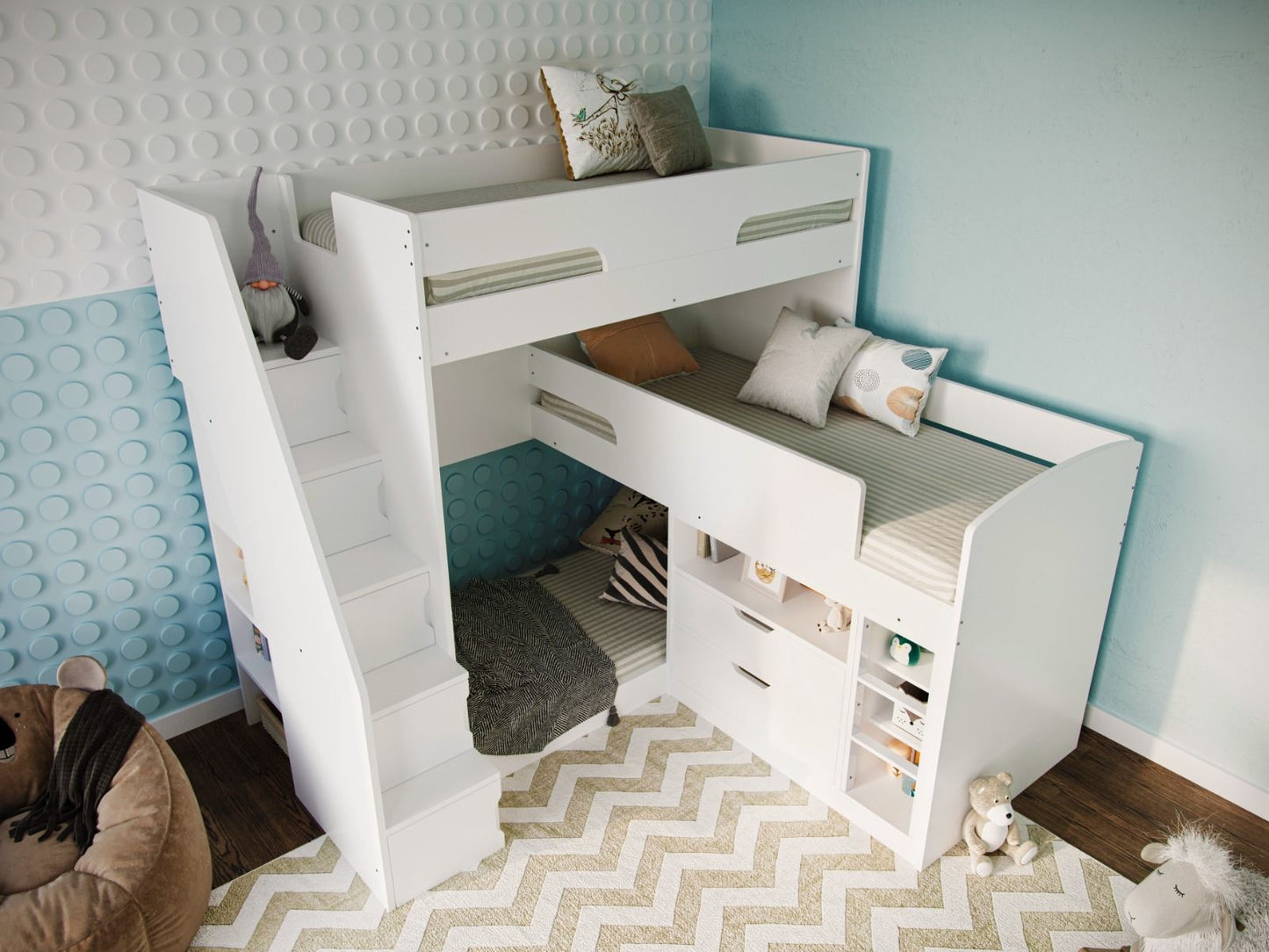 Flair Oscar Staircase Triple Bunk Bed- White with Storage